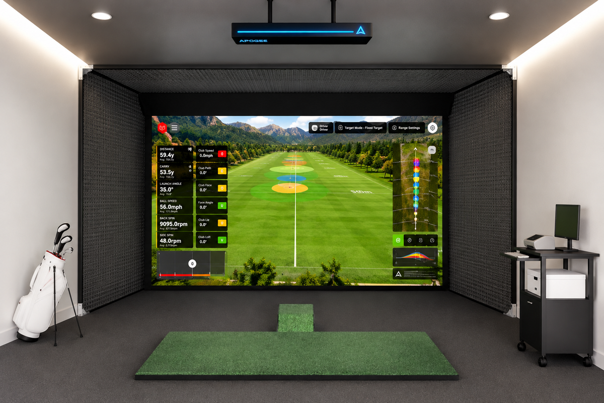 TruGolf APOGEE 4K Golf Simulator Package – Freestanding Flush Wall-to-Wall Mega Studio Bay (Home & Commercial)