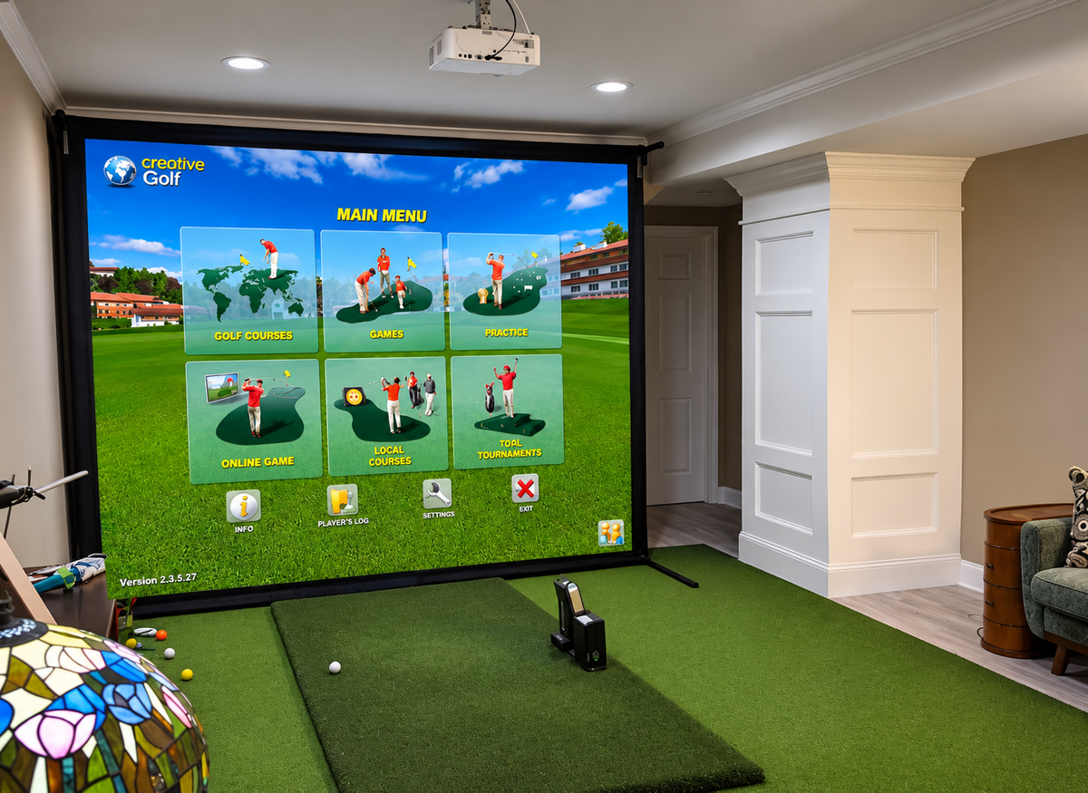 Wedge Bay™ Compact Golf Simulator Enclosure | Small Footprint, Wall-Flush Design for Low Ceilings (8ft+)